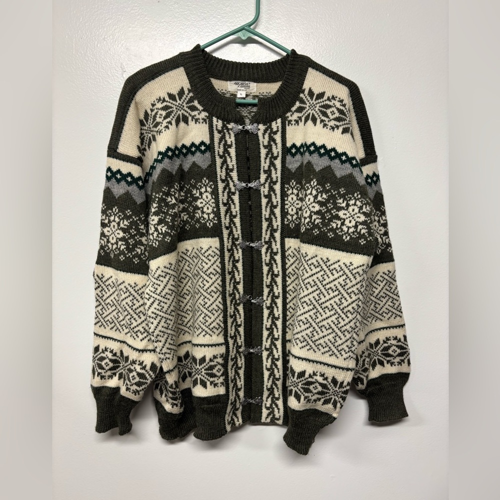 Maria Lammi 100% Wool Finish Fair Isle Green Cream Knit Cardigan Size Large